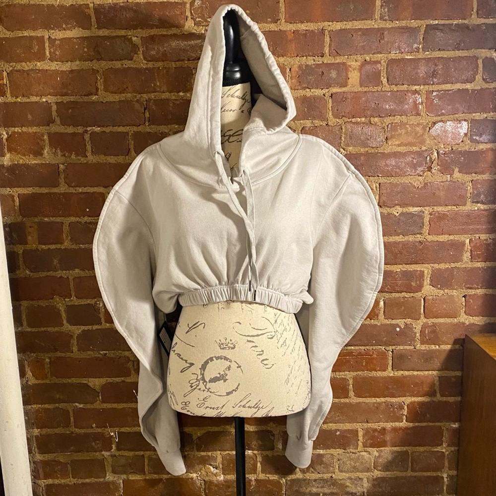 BlankNYC Grey puffy round shoulder cropped hoodie sweatshirt terry lined S NWT